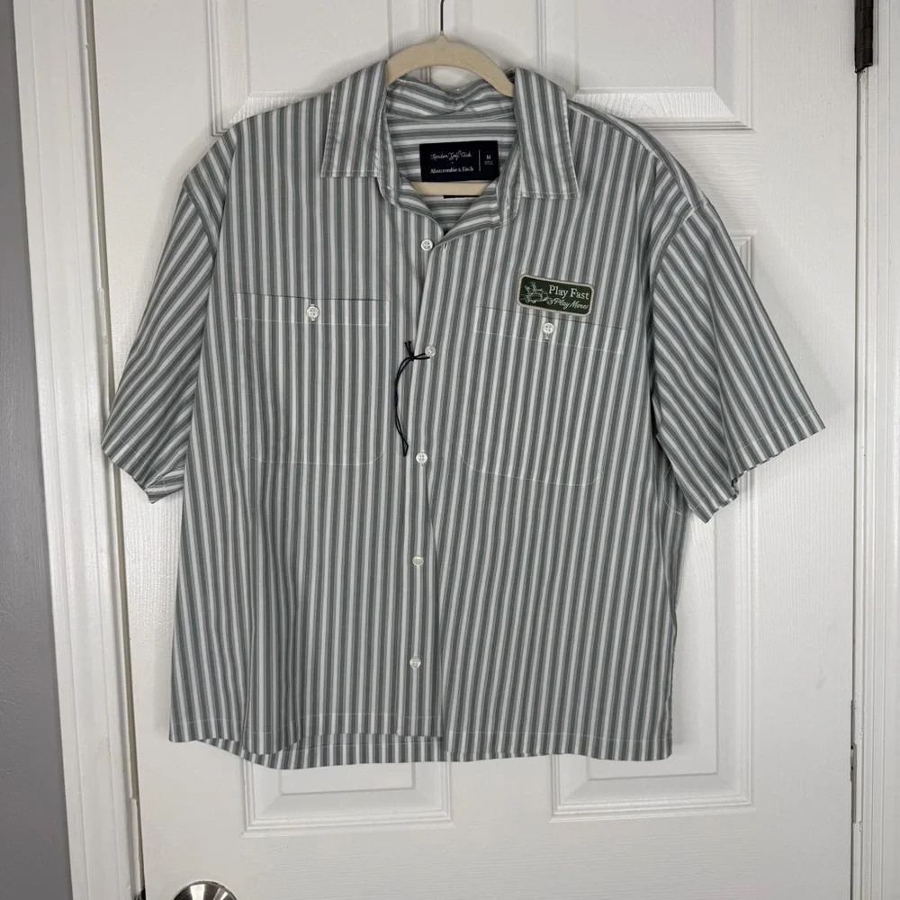 Sz M Random Golf Club x Abercrombie Green Striped Cropped Boxy Shirt NWT $70 - Picture 2 of 10